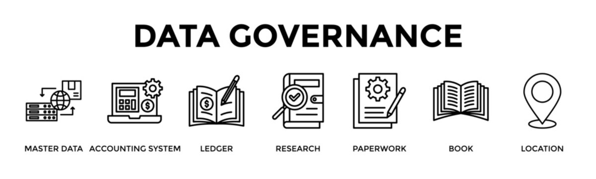 Data Governance Banner Web Icon Set Collection Pack Vector Illustration Concept For Master Data, Accounting System, Ledger, Research, Paperwork, Book, Location