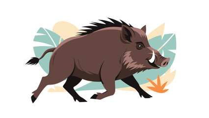 Fototapeta premium Large brown wild boar charging through a tropical landscape with green jungle leaves in a detailed and colorful flat design illustration.
