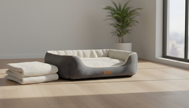 A comfortable dog bed sits beside a neatly folded blanket in a bright, modern room, embodying a cozy pet living concept