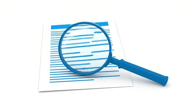 Close-up of a blue magnifying glass focusing on a document with lines of text, highlighting the importance of detailed examination and analysis