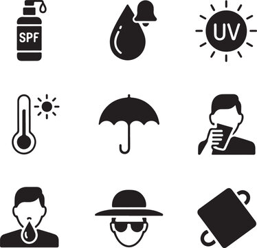 Health and safety icons showing sun protection, UV warning, hydration, sunscreen, shade, heat prevention, and illness awareness

