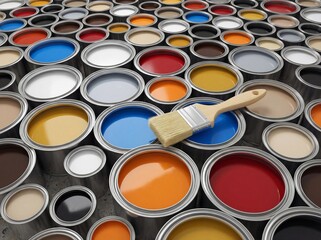 Fototapeta premium Paintbrush resting on open cans of colorful paint