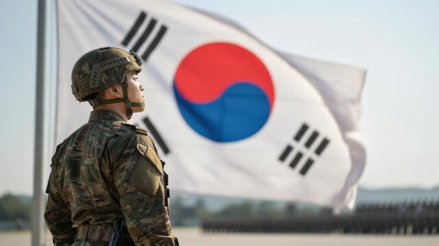 South Korean soldier in uniform standing with national flag waving in background during military ceremony