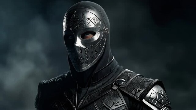 Mysterious warrior in dark engraved metal mask and armor with intense eyes in moody atmospheric background
