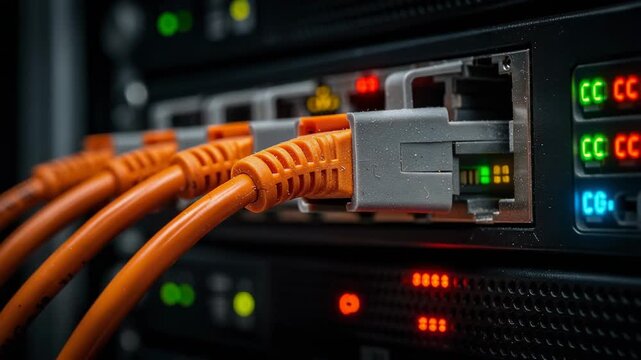 Close up of orange ethernet cables plugged into a network switch with colorful LED indicators for internet connection