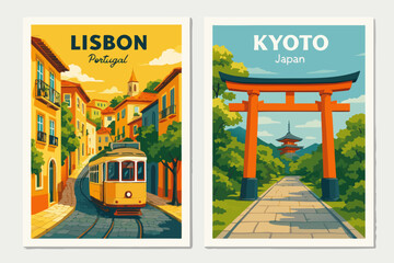 Naklejka premium A vibrant vector illustration of Lisbon and Kyoto travel posters