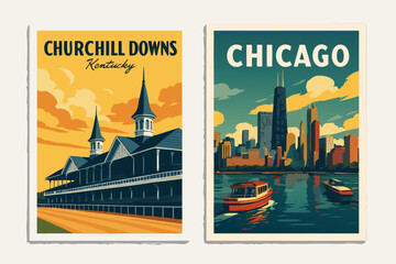 A vibrant vector graphic illustration of Churchill Downs and Chicago cityscapes © Pak bambang
