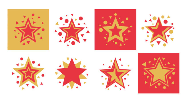 A vibrant collection of six rectangular starburst banners in red and yellow hues on transparent background silhouette high quality