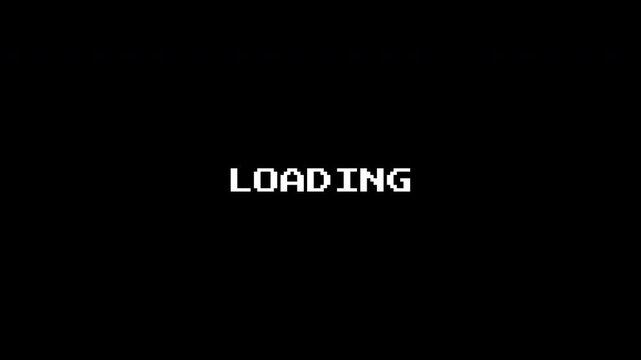 8 bit loading in pixelated white letters on black background, perfect for tech blogs, software presentations, digital design projects, or video game ads.