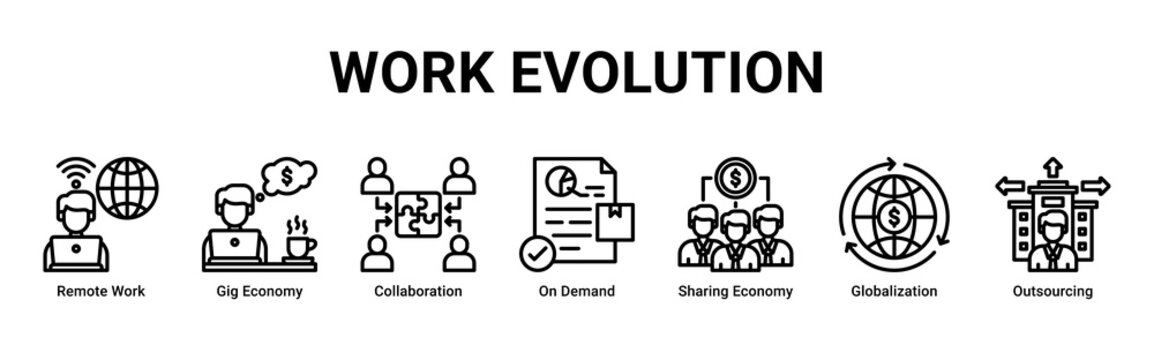 Work Evolution web banner icon vector representing modern workforce models,remote collaboration,gig economy,and global business flexibility