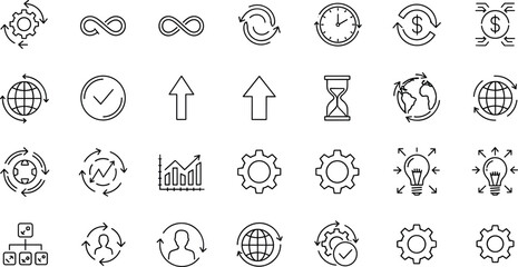 Fototapeta premium Global Business Workflow and Innovation Icon Set Featuring 28 Linear Symbols for Strategic Planning Continuous Improvement and Global Connectivity