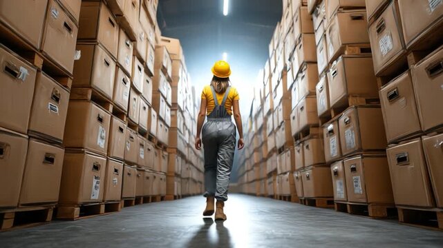 A woman in a hard hat walks confidently through a warehouse filled with stacked cardboard boxes, representing the dynamics of logistics and supply chain management.