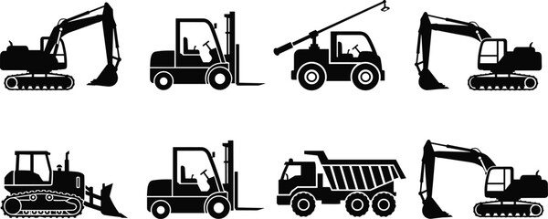 Construction machinery icon set, excavator forklift bulldozer dump truck crane heavy equipment silhouette vector collection © E-Designs