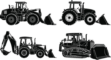 Construction machinery silhouette set, heavy equipment tractor bulldozer excavator loader vector illustration collection © E-Designs