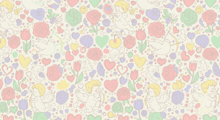 Colorful pattern of hearts flowers and cupid figures on soft background
