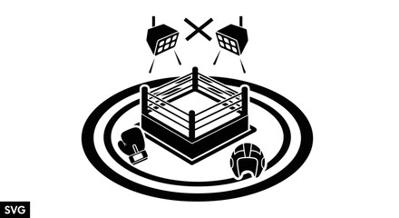 Boxing Ring with Gloves, Headgear, and Spotlight Icon © gan