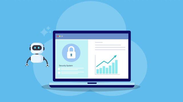 Animated AI robot beside laptop displaying secure data analytics dashboard with lock icon and rising bar chart. Concept of cybersecurity, data protection, KPI monitoring, automation, and digital growt