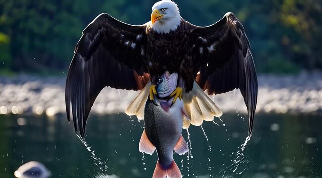 Majestic bald eagle swoops over the water with wings spread wide, preparing to dive for a fish.