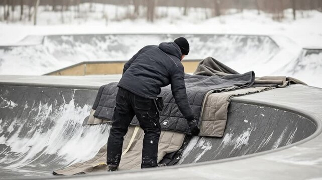 Adult male worker winterizing a concrete skatepark bowl with protective blankets in snow