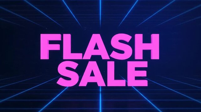 Vibrant pink 'FLASH SALE' text against a dark blue background with glowing retro-futuristic grid lines, signaling a limited-time promotional event.