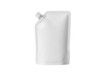 A white pouch with a spout on a plain background