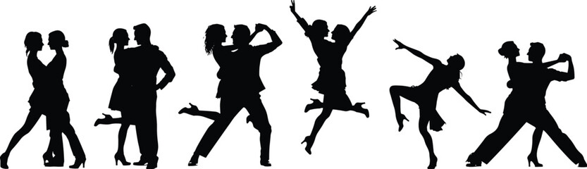 Black Silhouette Set of Romantic Couples Dancing Salsa Tango and Ballroom Styles Isolated on White Background for Wedding Invitations Party Posters and Social Events