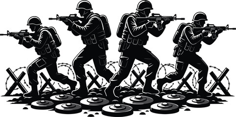 Black Silhouette Set of Soldiers in Combat Gear Advancing Through Battlefield with Rifles Barbed Wire and Land Mines for Military Warfare and Action Concepts