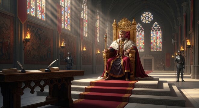 A Pope Sitting on a Throne in a Grand Cathedral with Stained Glass Windows and Sunlight Streaming In