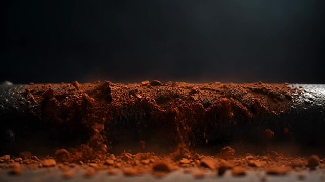 An artistic close-up captures rich brown powder delicately settling onto a textured, dark surface, creating a visually appealing scene of granular detail and earthy tones
