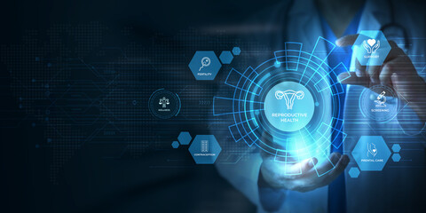 Fototapeta premium Reproductive health concepts with icons for fertility wellness contraception support screening and prenatal care integrated into a futuristic medical technology display