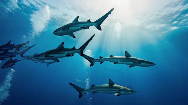 School of Sharks Swimming Underwater in Sunlight Rays Ocean Depths