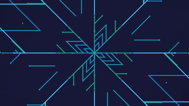 Abstract geometric snowflake pattern with glowing teal lines on a dark blue background