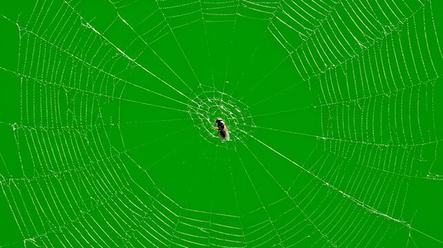 A shimmering spider web slowly swaying with a trapped insect, isolated on green screen hunter, macro, web