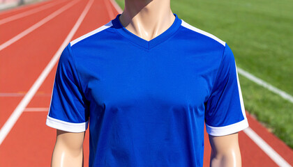 Fototapeta premium Man wearing blue sports shirt standing on red athletic track outdoors