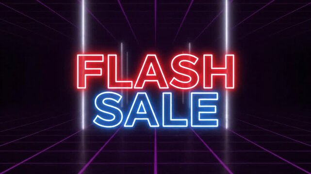 Vibrant neon 'FLASH SALE' sign with red and blue glowing letters against a dark, retro-futuristic grid background, ideal for promotional events.