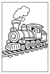 Simple black and white vector graphic illustration of a vintage steam locomotive train engine with smoke clouds traveling on railroad tracks. © Hokyubi