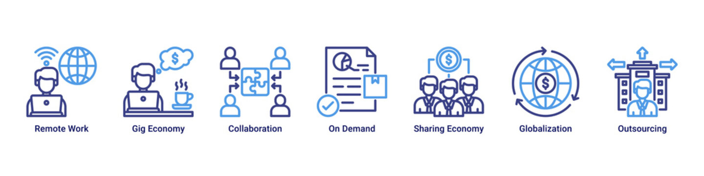 Work Evolution web banner icon vector representing modern workforce models,remote collaboration,gig economy,and global business flexibility