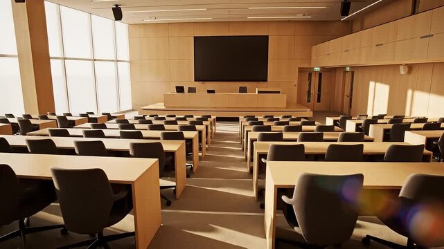Modern Empty Classroom or Lecture Hall with Rows of Tables and Chairs