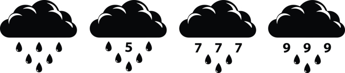 Obraz premium Rain intensity icon set, cloud with raindrops and rainfall levels 5 7 9 isolated on white background