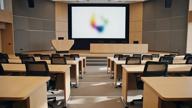 Modern Empty Classroom or Lecture Hall with Rows of Tables and Chairs