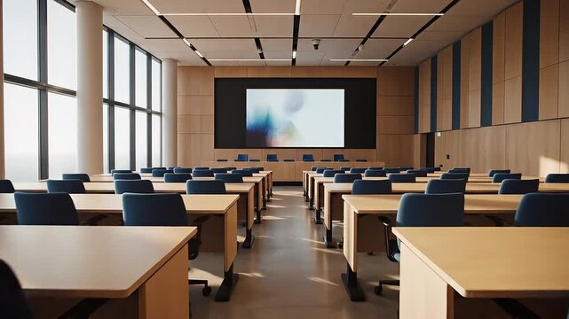 Modern Empty Classroom or Lecture Hall with Rows of Tables and Chairs