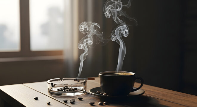 Steaming cup of coffee and smoking cigarette in an ashtray on a wooden table morning light through the window concept for relaxation and break time