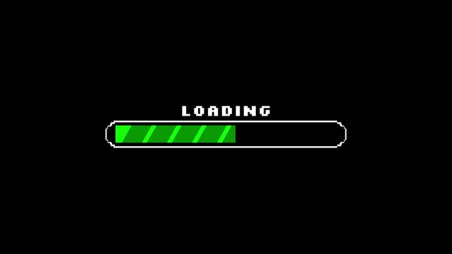 8 bit loading with a green progress indicator on black. Perfect for technology, data, computer science, software, progress, completion concepts.