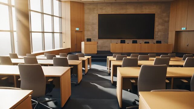 Modern Empty Classroom or Lecture Hall with Rows of Tables and Chairs