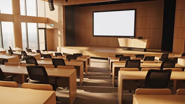 Modern Empty Classroom or Lecture Hall with Rows of Tables and Chairs