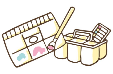絵の具とパレット、筆と筆洗バケツのイラスト
