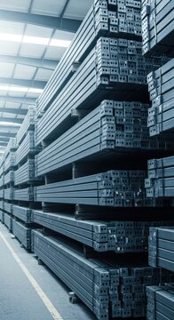 Massive stacks of newly manufactured steel girders organized neatly in parallel rows awaiting transport from the warehouse and distribution processing, commerce, steel, manufacturing