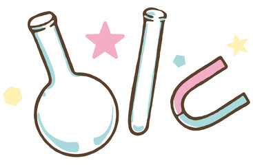 理科実験で使うフラスコと試験管、磁石のイラスト