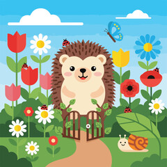Fototapeta premium A cartoon hedgehog in a garden, with flowers and insects
