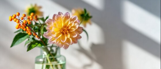 Fototapeta premium Autumn Flower Bouquet with Orange Dahlia and Berries in a Glass Vase on a Table for Home Decoration with Sunlight Shadows and Copy Space on a Neutral Wall